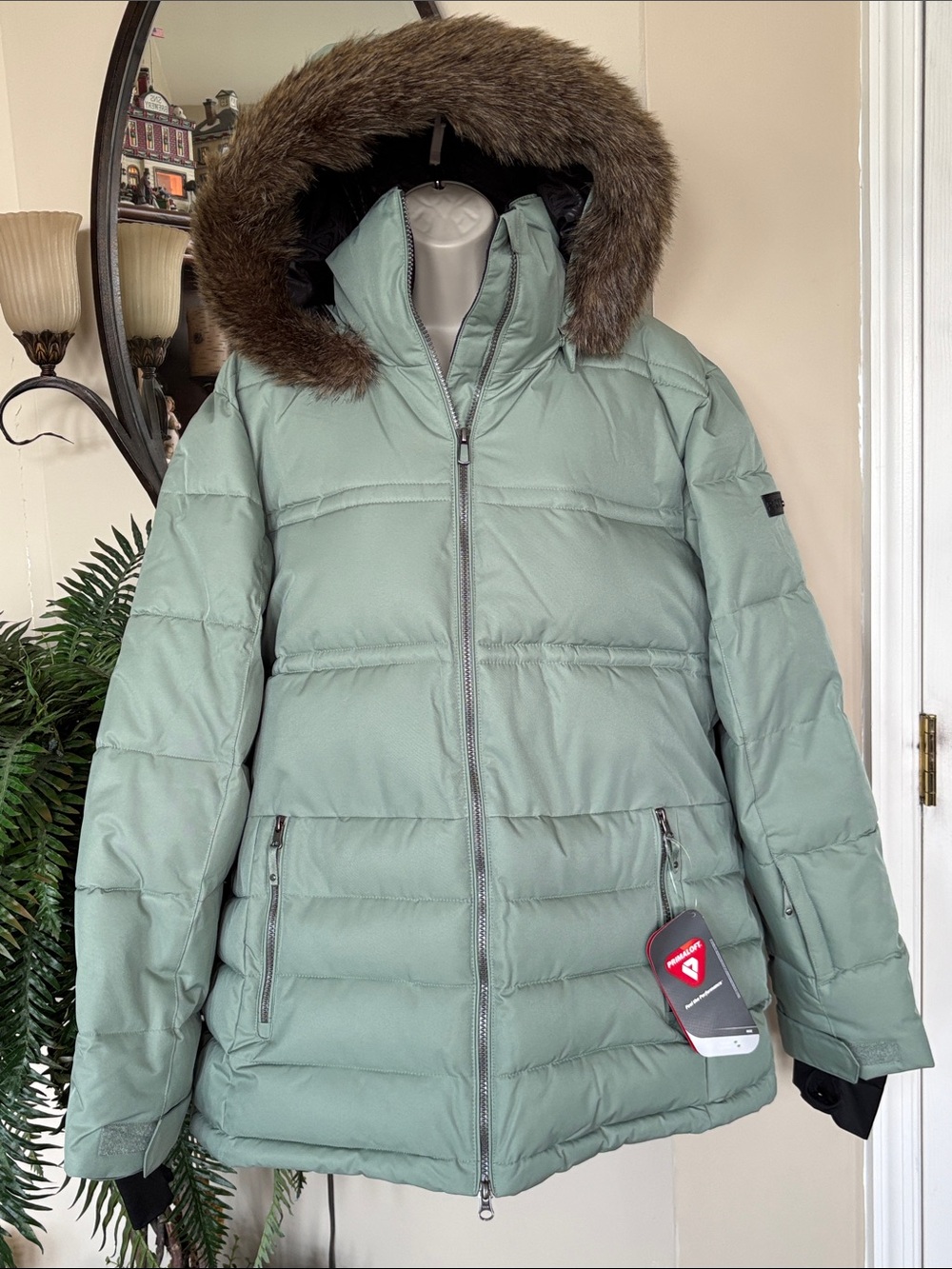 Roxy Quinn Insulated Snowboard Jacket Puffer Coat Removable Faux Fur Trim Green